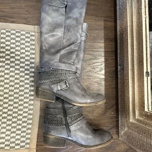 Gray Braided Knee-High Boots